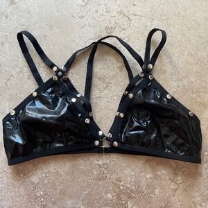 Studded Bralette Black Faux Leather Strappy‎ Festival Top small